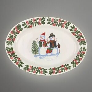 Christmas Snowman Family Holly Berry Oval Platter Serving Dish GEi Design GEi